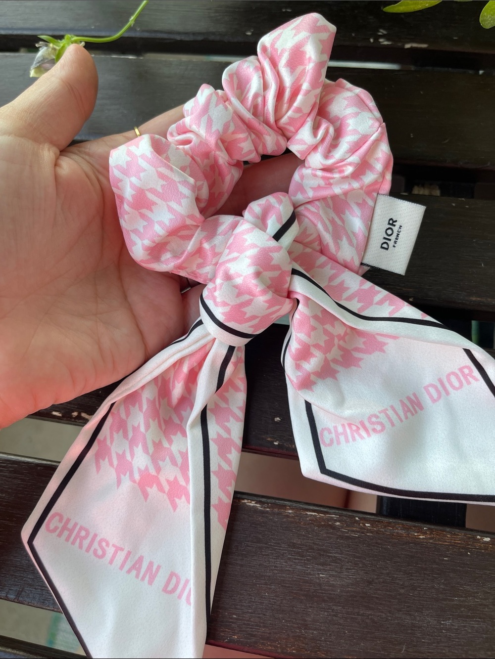 Dior Pink & White Houndstooth Bow Scrunchie